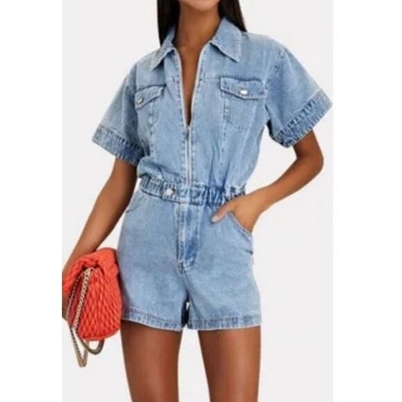 WeWoreWhat Blue Denim Short Sleeve Zipper Front Romper Women's Large - Picture 1 of 8